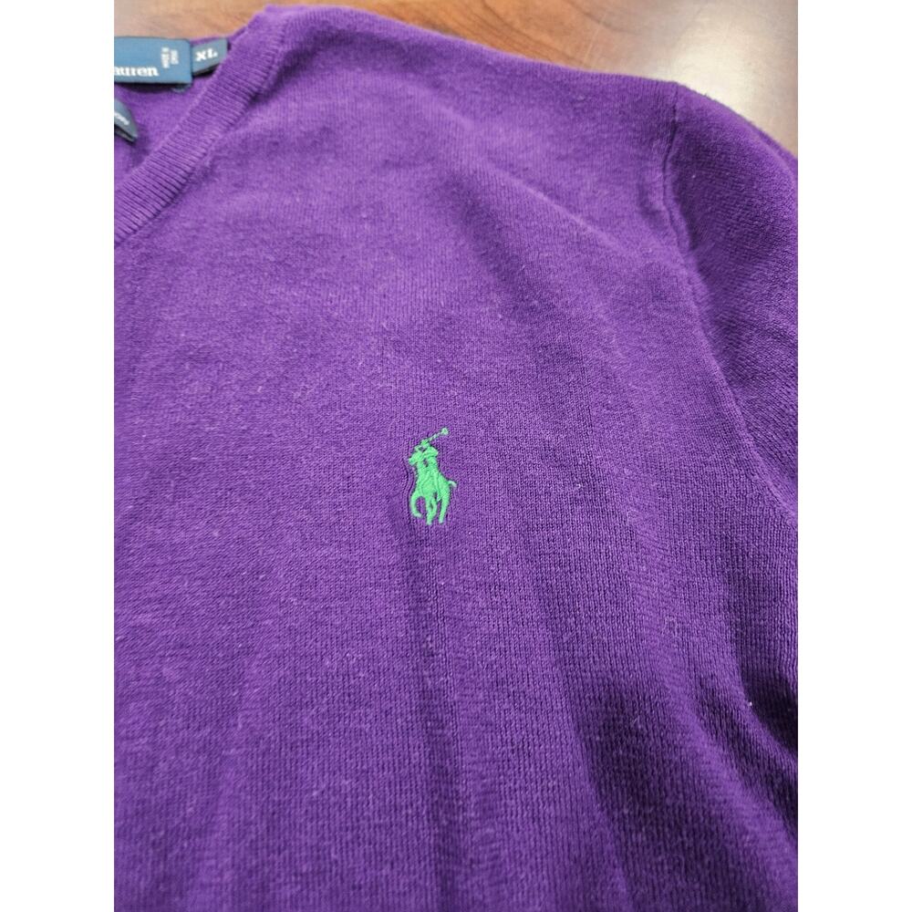 Polo Ralph Lauren Men’s Purple Pima Cotton V Neck Sweater XL Small Flaw - Picture 3 of 7